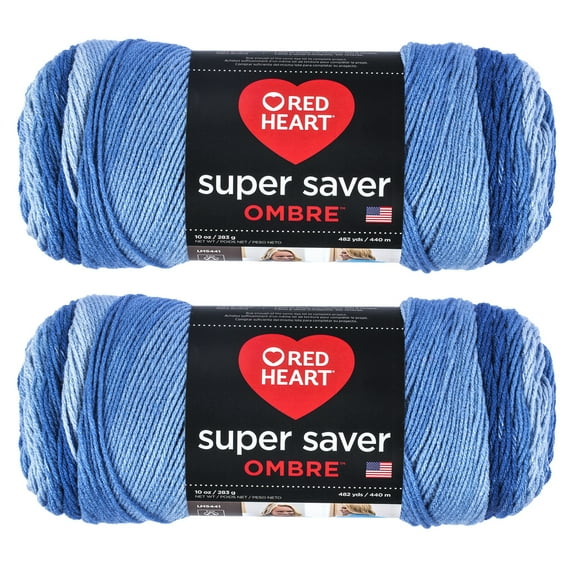 Red Heart Super Saver Jumbo True Blue Ombre Yarn - 2 Pack of 283g/10oz - Acrylic - 4 Medium (Worsted) - 482 Yards - Knitting/Crochet