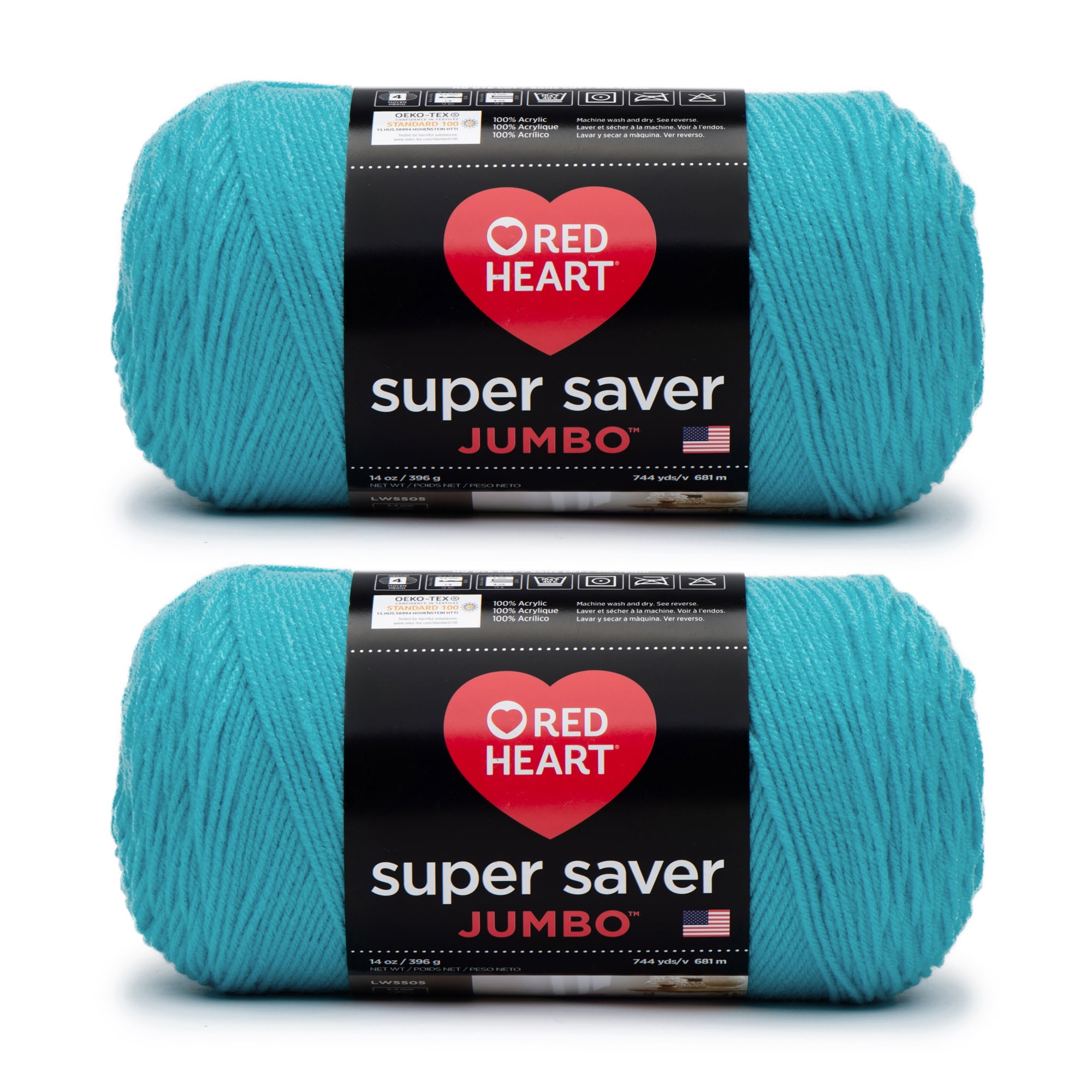 Red Heart Super Saver Jumbo Turqua Yarn - 2 Pack of 396g/14oz - Acrylic - 4 Medium (Worsted) - 744 Yards - Knitting/Crochet