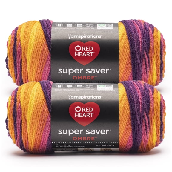 Red Heart® Super Saver Ombre™ #4 Worsted (Medium) Acrylic Yarn, Sunset 10oz/283g 482 Yards (2 Pack)