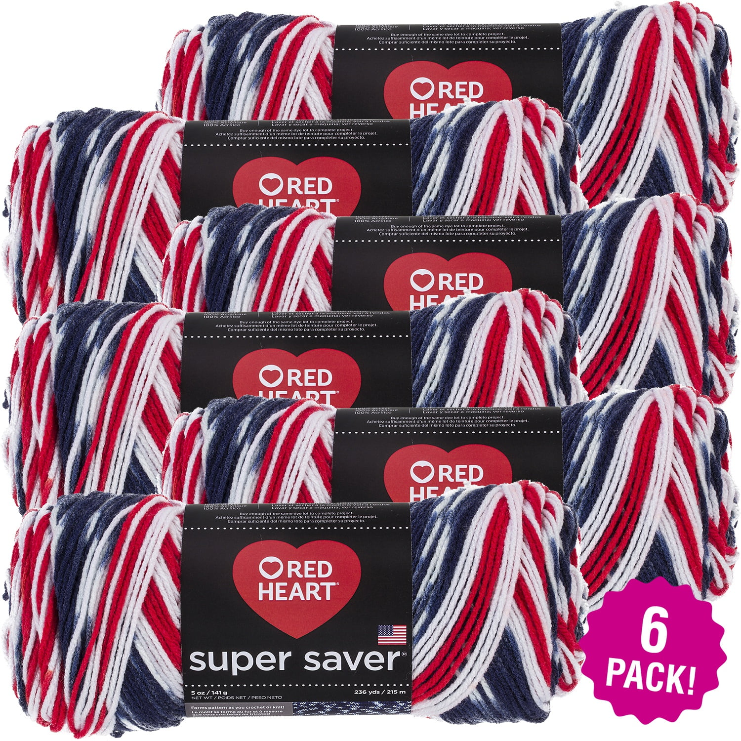Red Heart Super Saver Yarn - Americana, Multipack of 6