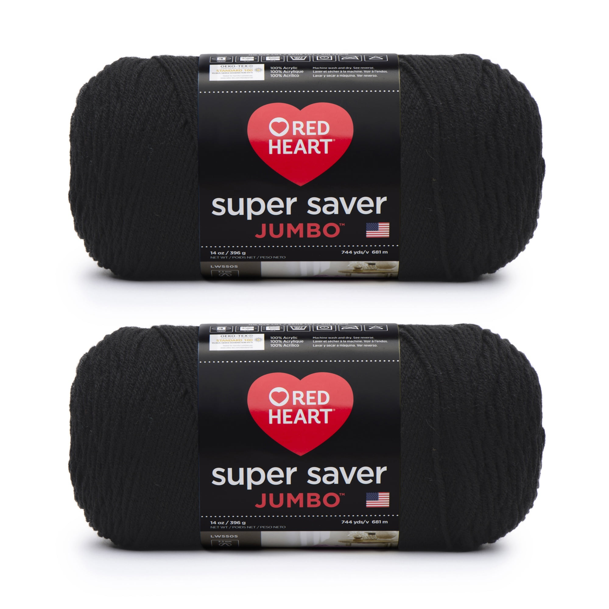 Red Heart Super Saver Jumbo Black Yarn - 2 Pack of 396g/14oz - Acrylic - 4 Medium (Worsted) - 744 Yards - Knitting/Crochet