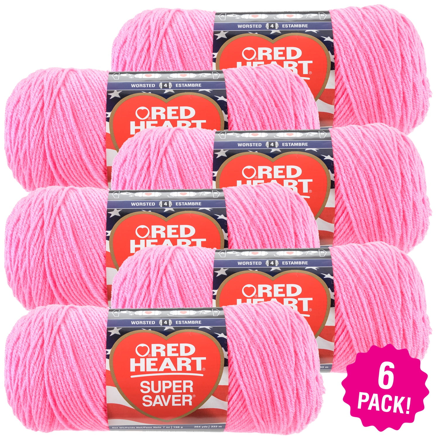 Red Heart Super Saver Yarn - Pretty 'n Pink, Multipack of 6