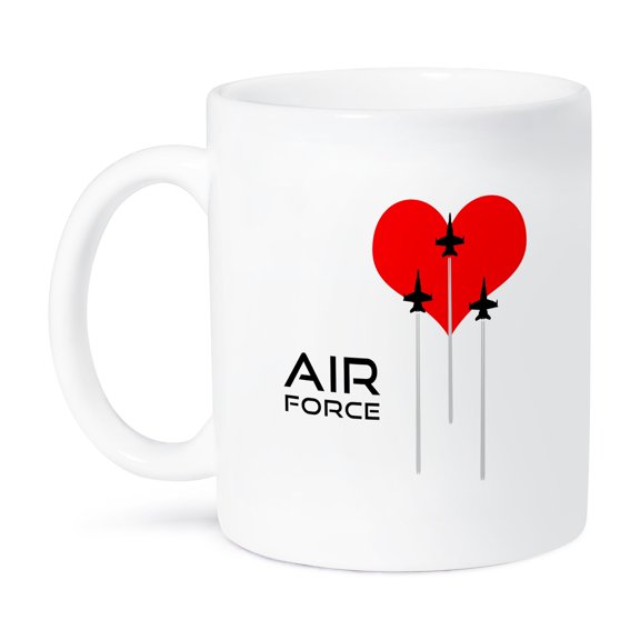 3dRose, Red heart, three fighter planes, contrails. Text Air Force on white, 11oz Mug