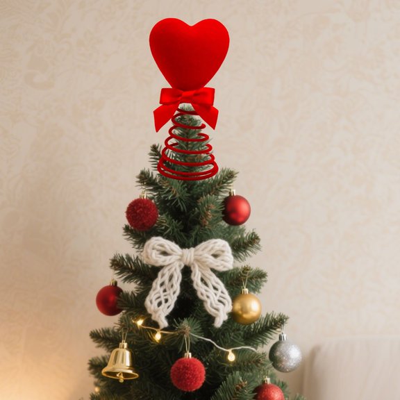 Red Heart Tree Topper with Bow, Spring Base, 6.10x3.35x2.56 Inch Felt Ornament for Christmas Tree Xmas Party Decoration
