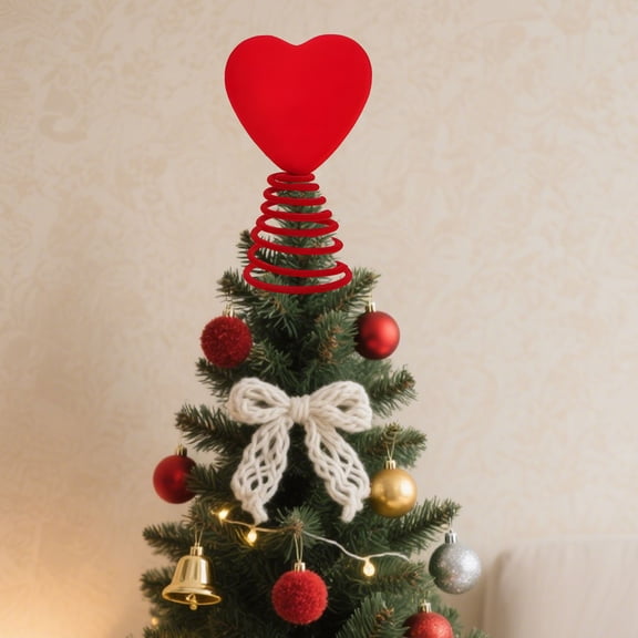 Red Heart Tree Topper with Spring Base, Felt Heart Ornament for Christmas Tree Holiday Home Decor
