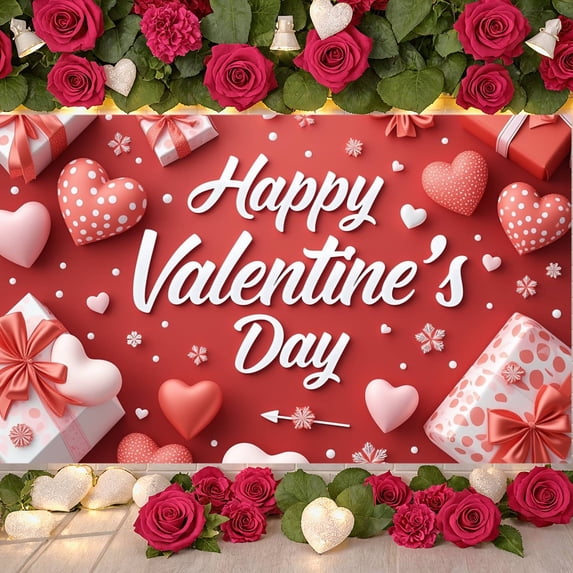 Red Heart Valentine's Day Banner Pink Theme Love Display Polka Dot Gift Box Heart Backdrop for Romantic Party Valentine's Celebration Couples Gathering