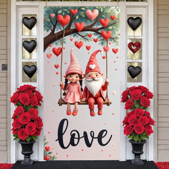 Red Heart Valentine's Day Banner Romantic Heart Backdrop Pink Background Gold Leaves Love Display for Valentine's Day Party Romantic Date Photo Shoot