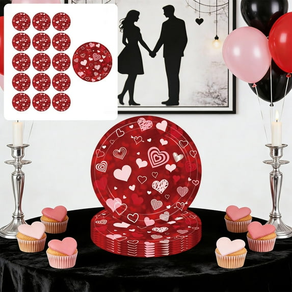 Red Heart Valentine's Day Festive Tableware Set - Disposable 7in & 9in Paper Plates, Cups & Tissues, Romantic February 14 Celebration Supplies for Couples, Red, 7.09in/18cm