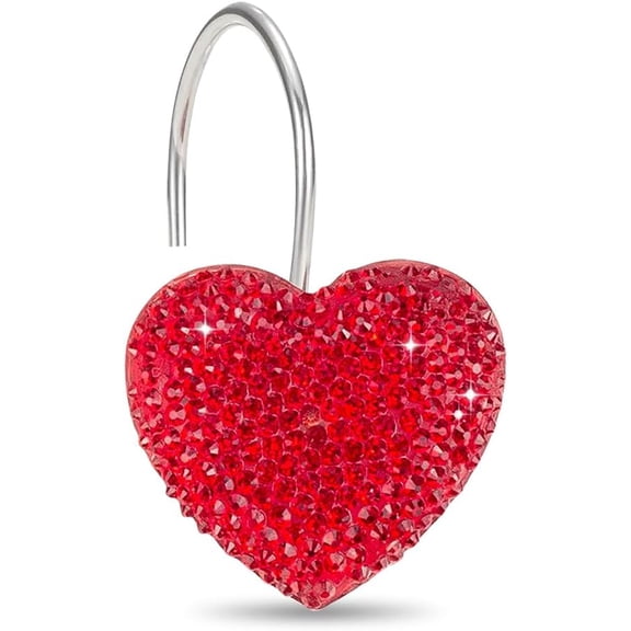 Red Heart Valentines Day Shower Curtain Hooks - Luxury Sparkly Crystal Rhinestone Decorative Stainless Steel Shower Rings Hangers for Holiday Women Girls Bathroom Accessories