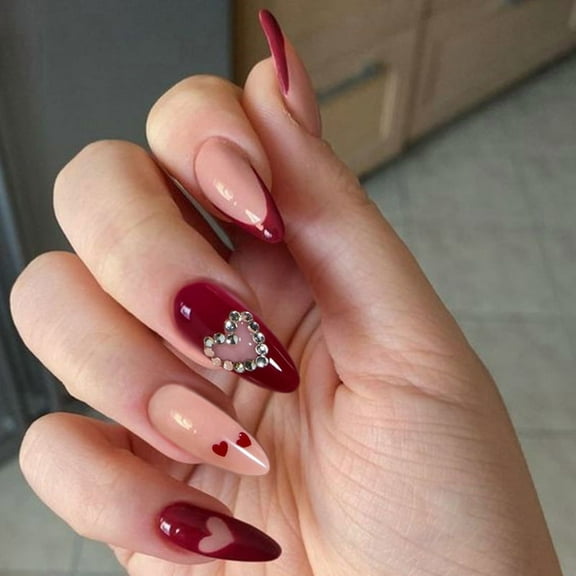 Red Heart Water Drops Almond Transparent Rhinestone European And American Wear Manicure Red French INS