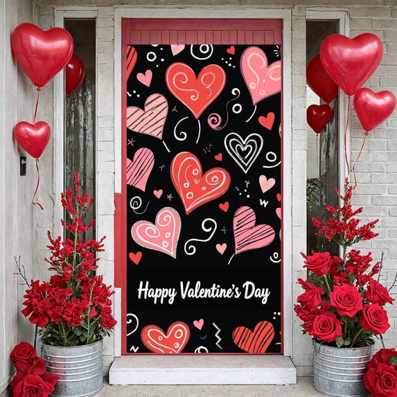 Red Heart Welcome Banner Buffalo Plaid Bow Love Backdrop Black Background Gold Polka Dots Heart Display for Front Door Decor Valentine's Day Party Housewarming Gift