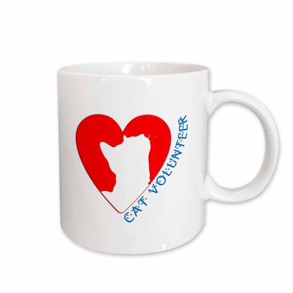 3drose, Red Heart, White Cat Silhouette Inside. Cat Volunteer Blue Text, 15oz Mug