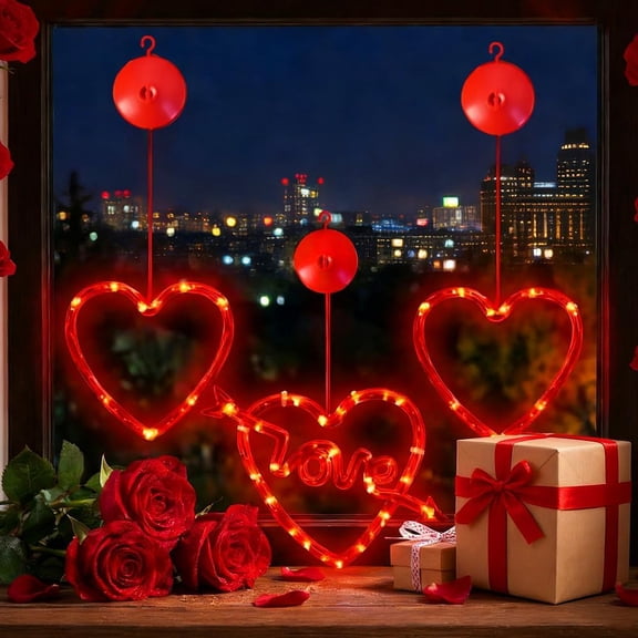 Red Heart Window Lights for Valentine's Day with Timer, 30 LED, Battery Operated Hanging Decor