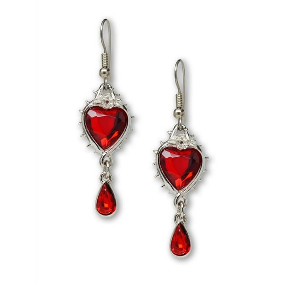 Red Heart and Teardrop Crystals Surrounded by Roses and Thorns Dangle Earrings by Real Metal #1048