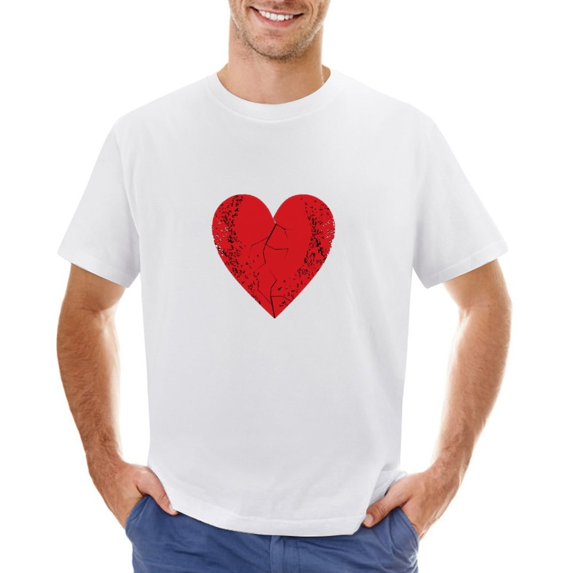 Red Heart with White Wings Men’s T-Shirt 100% Cotton Casual Short Sleeve Tops Gift Tee White S