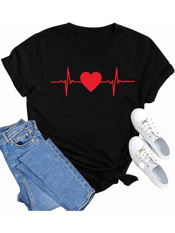 Red Heartbeat EKG Pulse Line Shirt Women Short Sleeve Graphic Tee