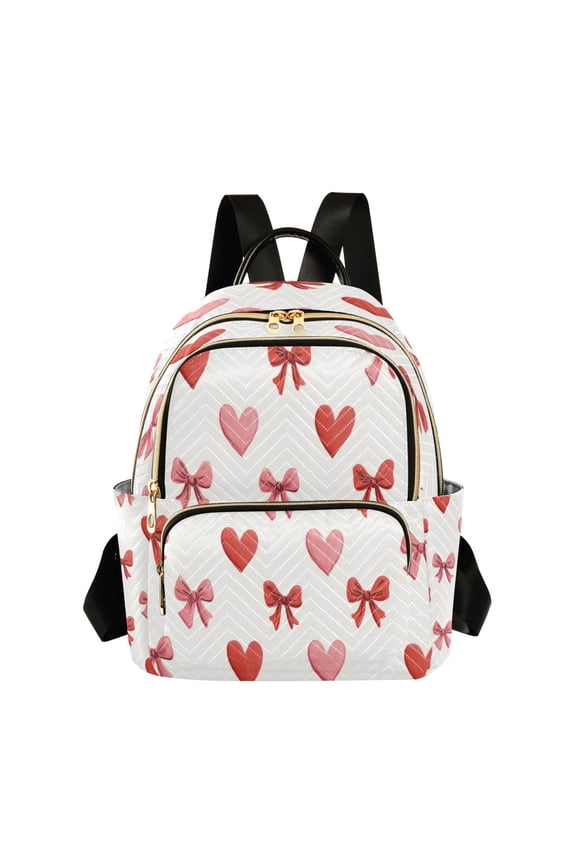 Red Hearts Bows with Pink Bows Valentine Quilted Backpack Fashion Daypack Commuter Bag for Women 8.5 L