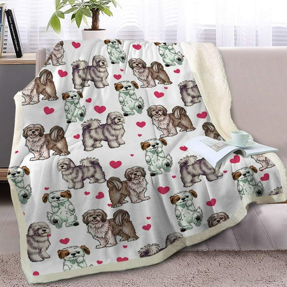 Red Hearts Dog Cat Print Plush Blanket Cute Puppy for Kids Adults 3D Animal Print Plush Blanket Gift for Pet Lovers (Lhasa Apso,Throw, 50 x 60 Inches)
