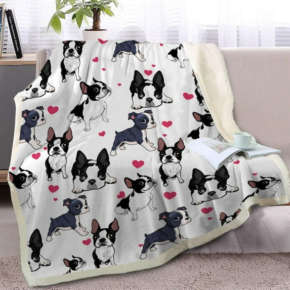 Red Hearts Dog Cat Print Plush Blanket Cute Puppy for Kids Adults 3D Animal Print Plush Blanket Gift for Pet Lovers (Boston Terrier,Twin, 60 x 80 Inches)