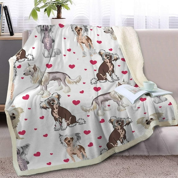 Red Hearts Dog Cat Print Plush Blanket Cute Puppy for Kids Adults 3D Animal Print Plush Blanket Gift for Pet Lovers (Chinese Crested,Throw, 50 x 60 Inches)