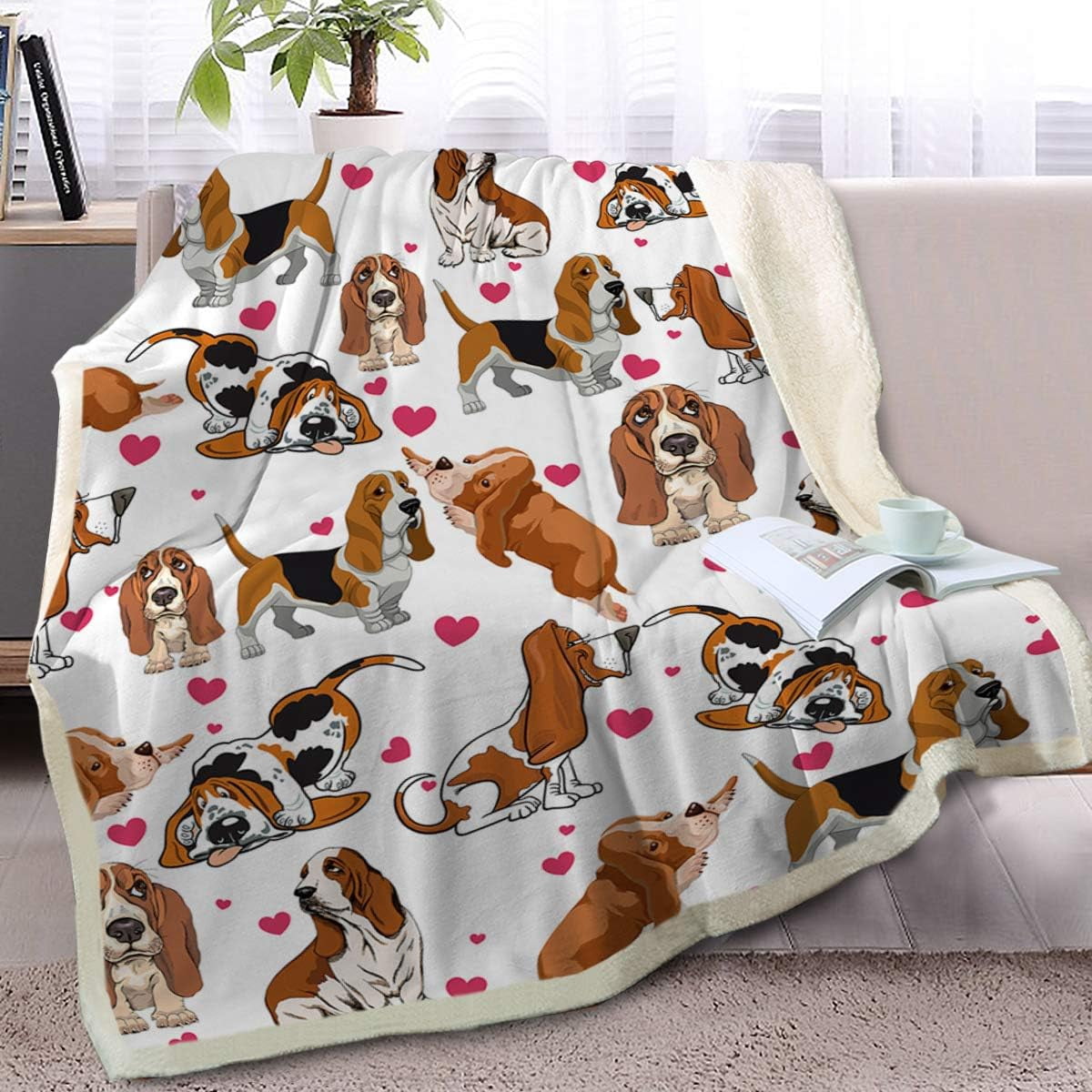 Red Hearts Dog Print Sherpa Plush Blanket Cute Puppy for Kids Adults 3D Animal Print Lightweight Blanket Bassett Hound Gifts Gift for Pet Lovers (BASSET HOUND,Twin, 60 x 80 Inches)