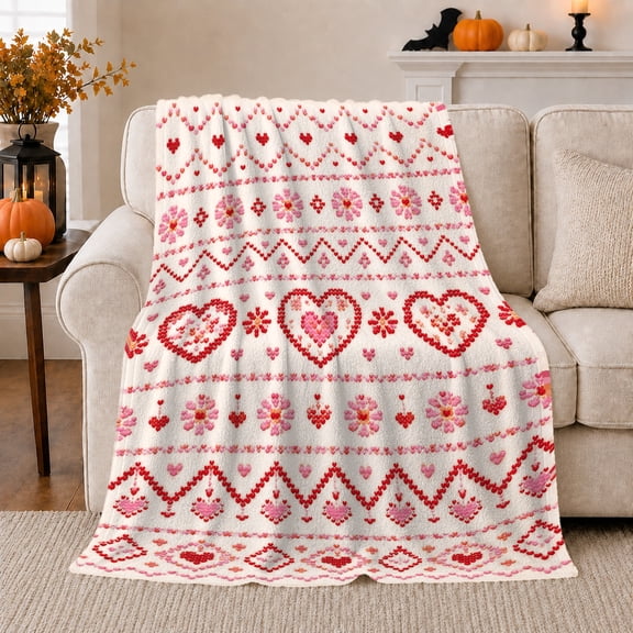 Red Hearts and Floral Stripes on White, Romantic Folk Art Style for Pattern Lovers, Nordic Heart Band Motif and Valentine's Day Gift, Cozy Flannel Blanket for Bedroom and Guest Room, Home Decor