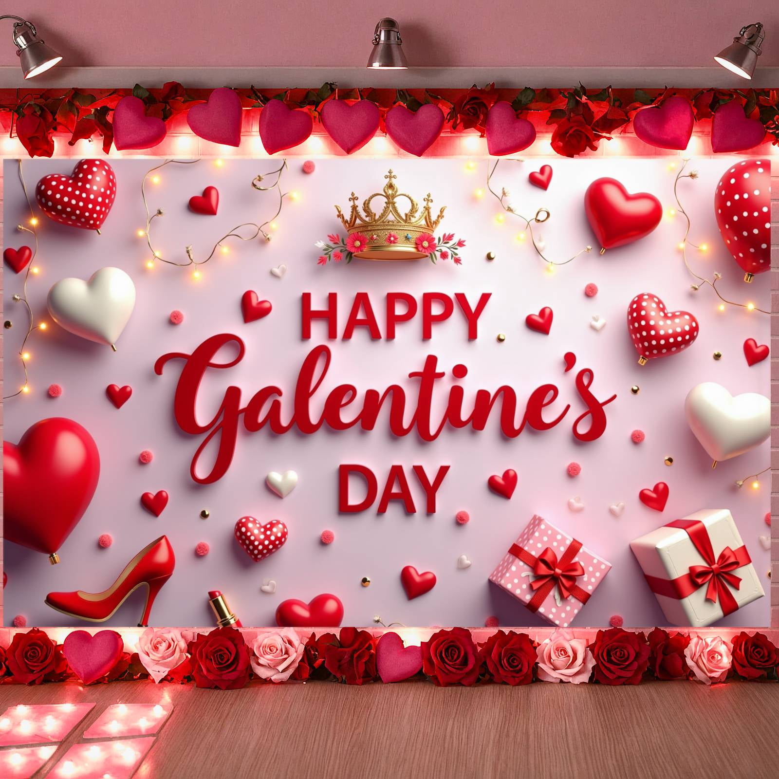 Red Hearts Galentine Banner Gold Stars BFF Display Lipstick Design Gift ...