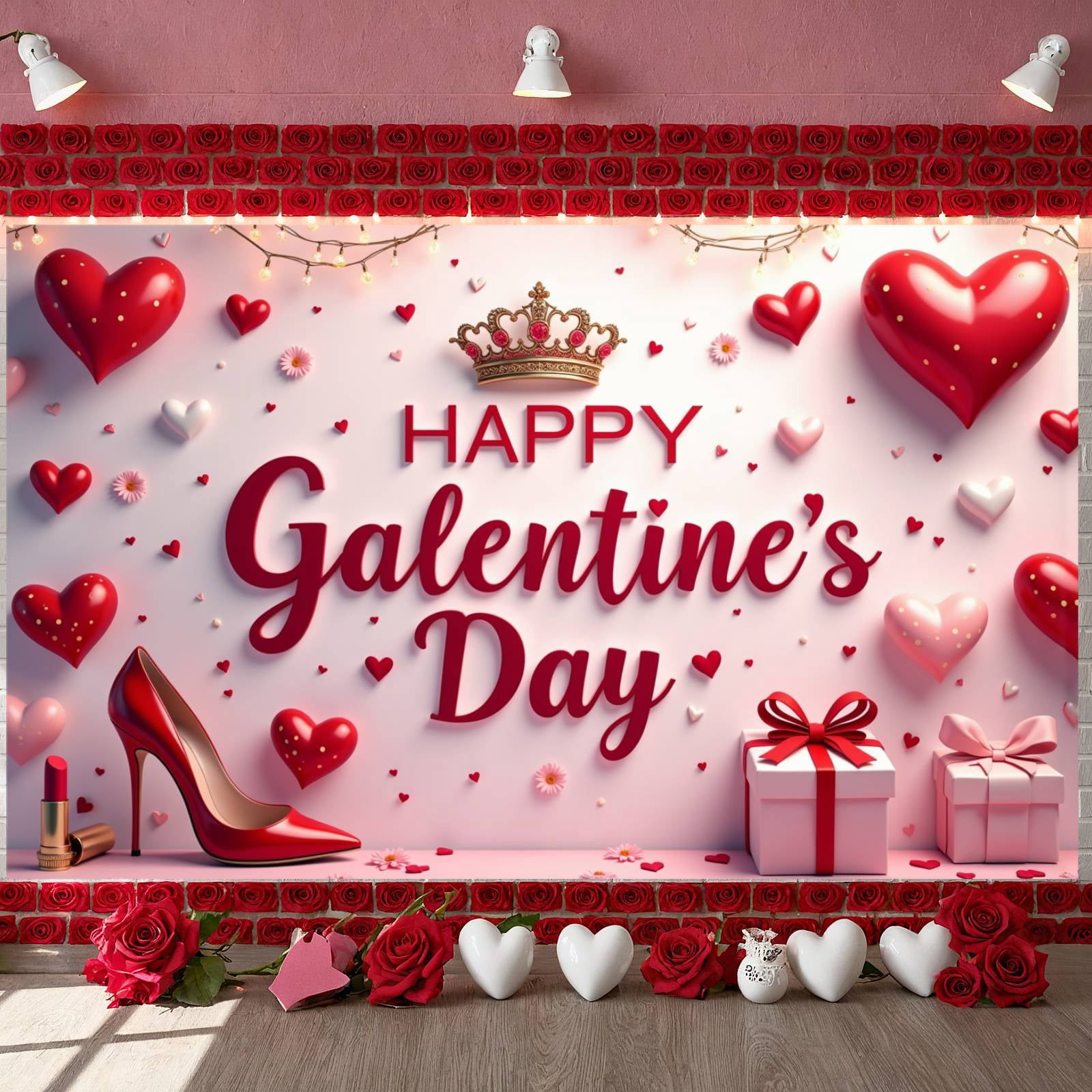 Red Hearts Galentine Banner Gold Stars BFF Display Lipstick Design Gift ...