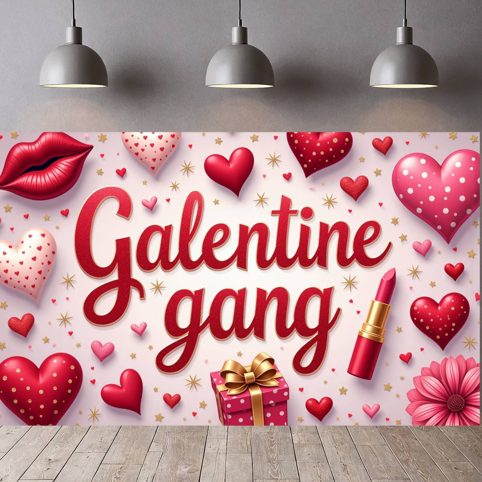 Red Hearts Galentine Banner Gold Stars BFF Display Lipstick Design Gift ...