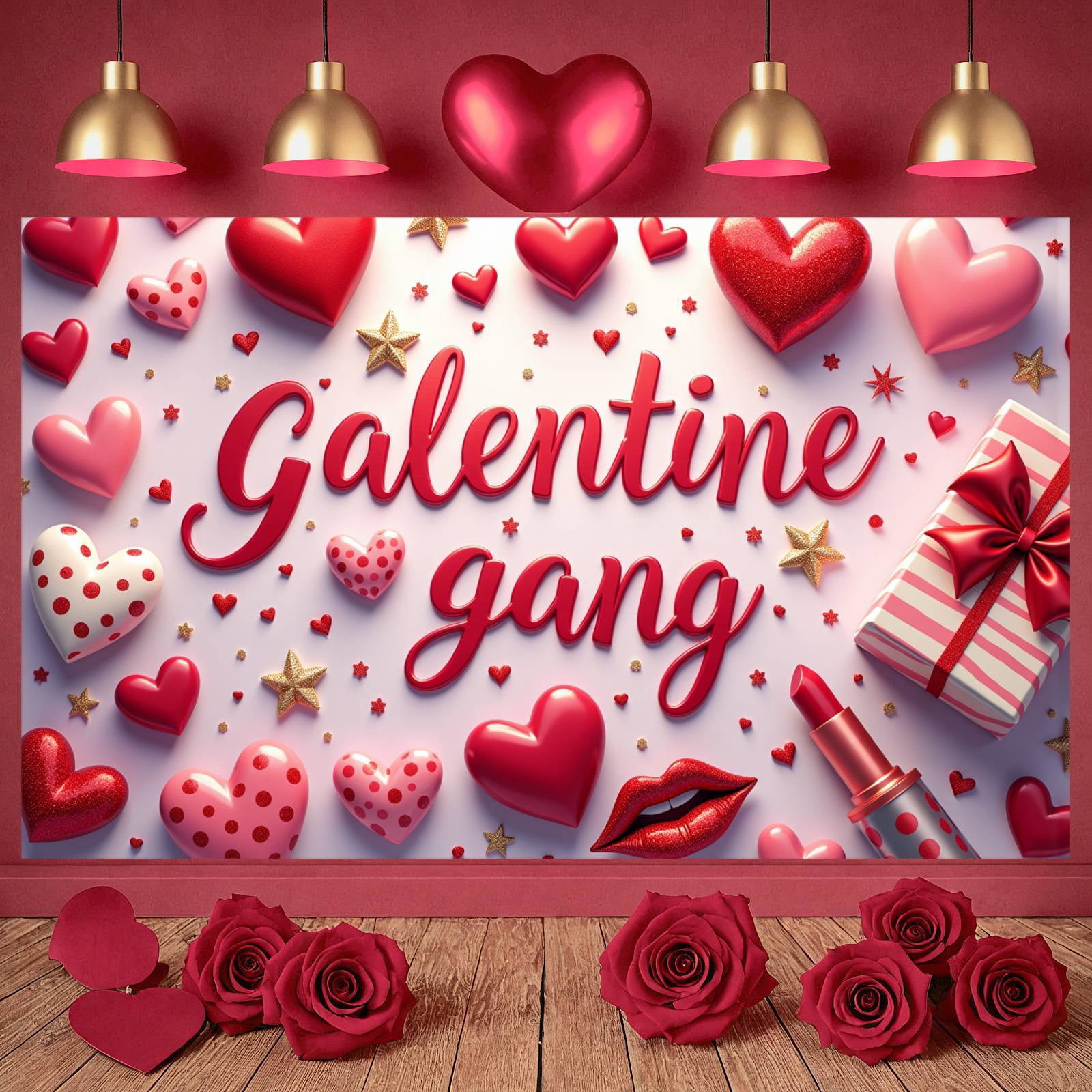 Red Hearts Galentine Banner Gold Stars BFF Display Lipstick Design Gift ...