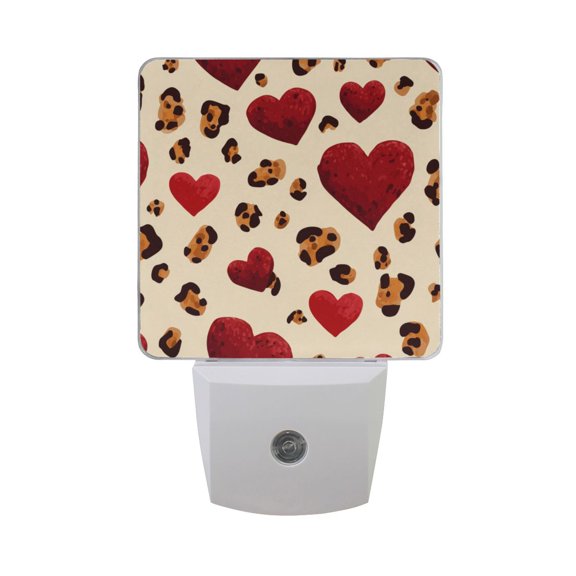 Red Hearts Leopard Print Valentine LED Night Light Sensor Lamp Plug-in Adjustable Brightness 2 Pack