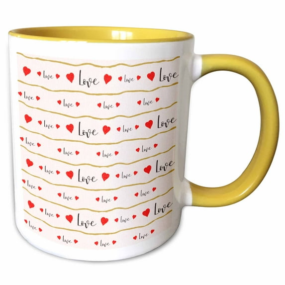 3drose, Red Hearts, Love Words, and Image of Gold Lines Pattern, 11oz Two-tone Yellow Mug