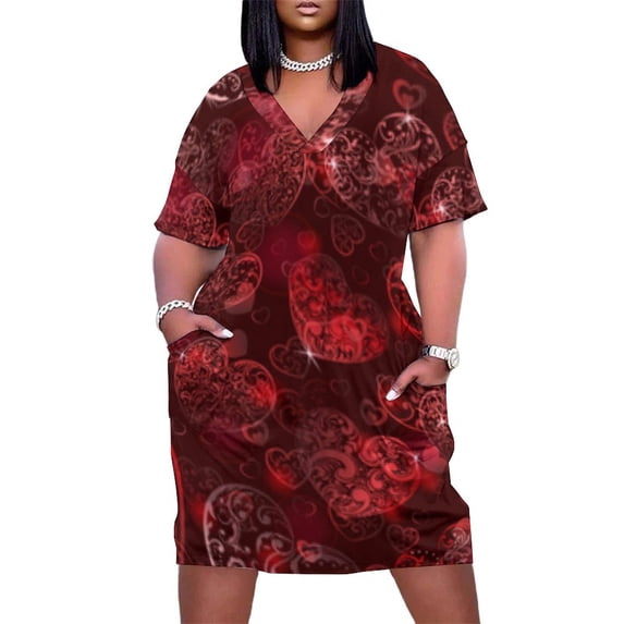 Red Hearts Lovely Valentine Pattern Women's Loose Short Sleeve Dress Casual Summer Plus Size Long Dresses with Pockets