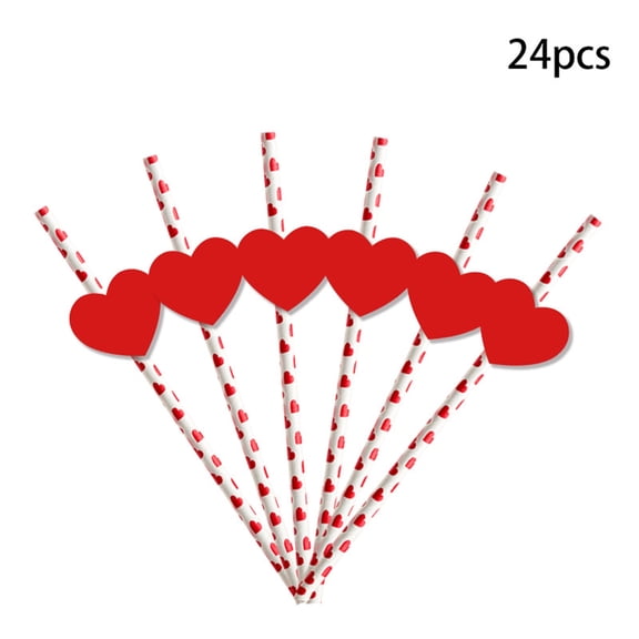 Red Hearts Paper Straws With 24Pcs Small Flags And, Disposable Drinking Straws For Valentine's Day Anniversary Wedding Celebrations Party Decorations, 24Pcs Flags 24Pcs
