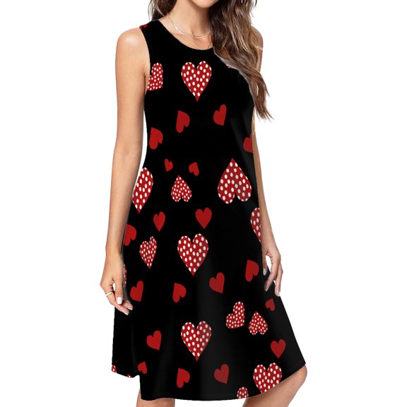 Red Hearts Pattern On Dark Background Casual Sleeveless Loose Sundress Dress For Women Summer Dress Daily Woman