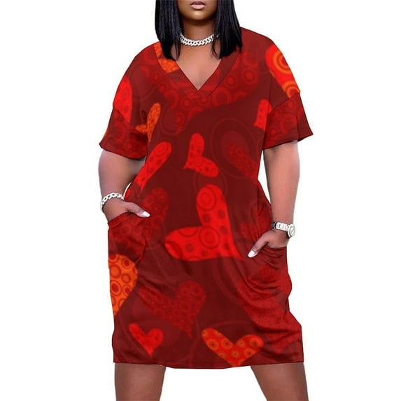 Red Hearts Pattern Romantic Design Summer Sundress for Curve Women Casual Pattern Plus Size V Neck Short Sleeve Loose Fit Oversize Dresses