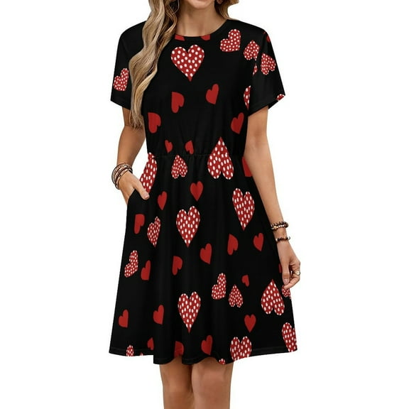 Red Hearts Pattern on Dark Background Women's Dress Short Sleeve Summer Sundress Summer Women Clothes