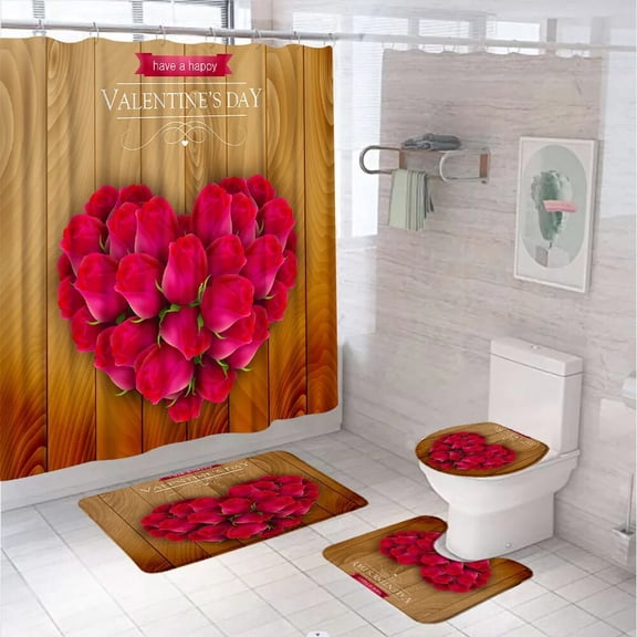 Red Hearts Rose Flowers Shower Curtain Set Valentine's Day Vintage Wooden Board Bathroom Curtains With Bath Mat Rug Toilet Cover