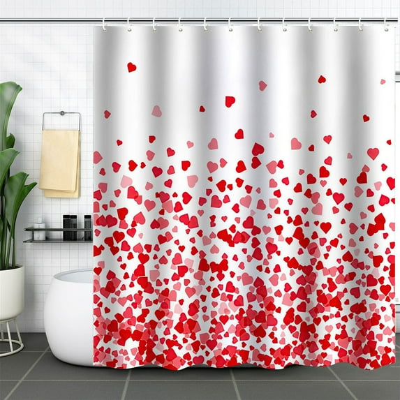 Red Hearts Shower Curtain for Bathroom, Romantic Pink and Red Bathroom Decor Shower Curtain Sets, Polyester Fabric Shower Curtains with Hooks 35x71 inch-A