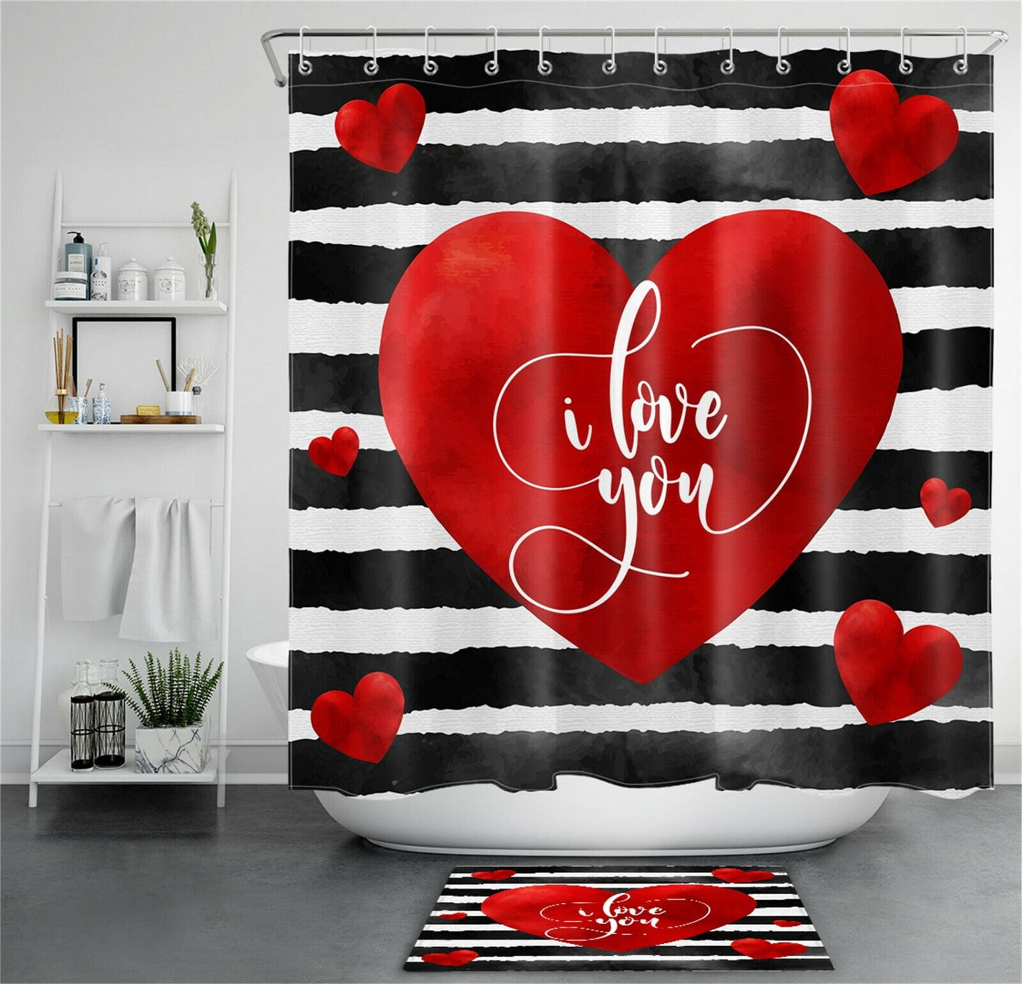 Red Hearts & Stripes Chic Valentine's Day Shower Curtain Set for Your