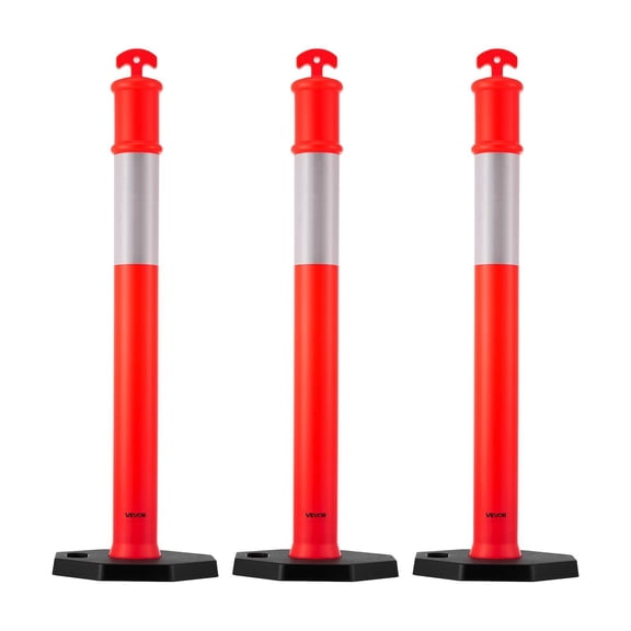 Red Heavy-Duty Safety Delineator Posts, 48-Inch Height, 3-Pack with Non-Tip Weighted Base and Reflective Strips for Parking Control, Road Work, and Public Events