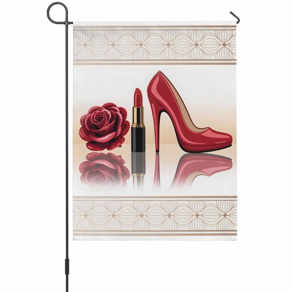 Red Heeled Shoes Garden Flag 12 x 18 Inches, Roses Lipstick Sexy Modern Style Weather Proof Outdoor Patio Flags Double Sided Small Garden Decoration for Yard Outside Home