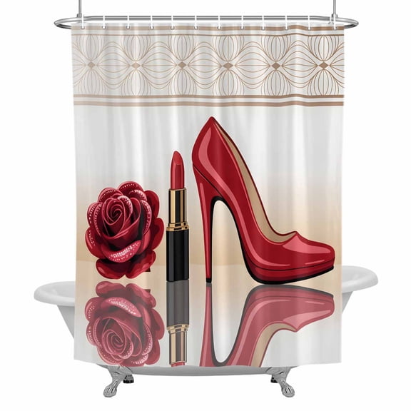 Red Heeled Shoes Shower Curtain for Bathroom, Roses Lipstick Sexy Modern Style Waterproof Cloth Fabric Bathroom Accessories Set with 12 Rust Proof Plastic Hooks, 72"x72"
