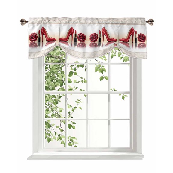 Red Heeled Shoes Tie Up Valances Curtain, Roses Lipstick Sexy Modern Style Kitchen Valances for Windows Decor, Rod Pocket Short Curtains Set for Bedroom/Bathroom, 54"x18"