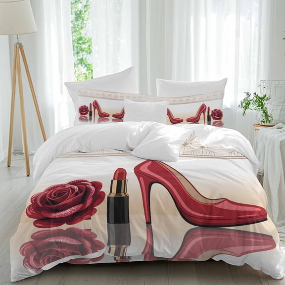 Red Heeled Shoes Twin Size Comforter Set, Roses Lipstick Sexy Modern Style Bedding for All Seasons, 4 Pcs Bed Set, 1 Quiltcover (68"x86") ,1Sheet(67"x116"), 2Pillowcases (30"x20")