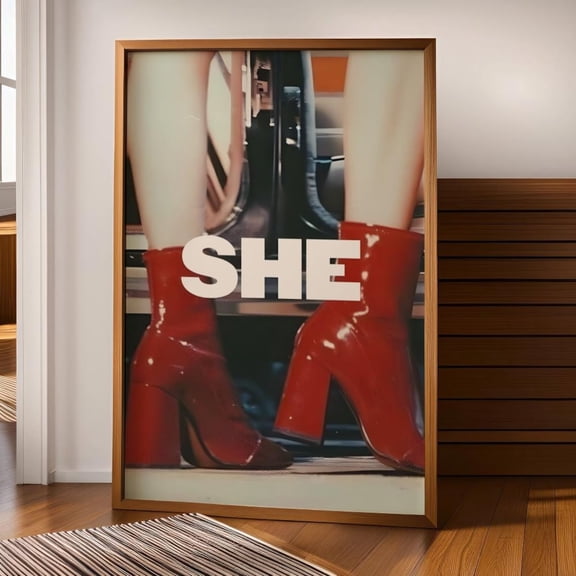 Red Heels Fashion She Typography Wall Art Feminist Editorial Poster Bold Modern Decor Poster, Unframed Poster Size 16x24