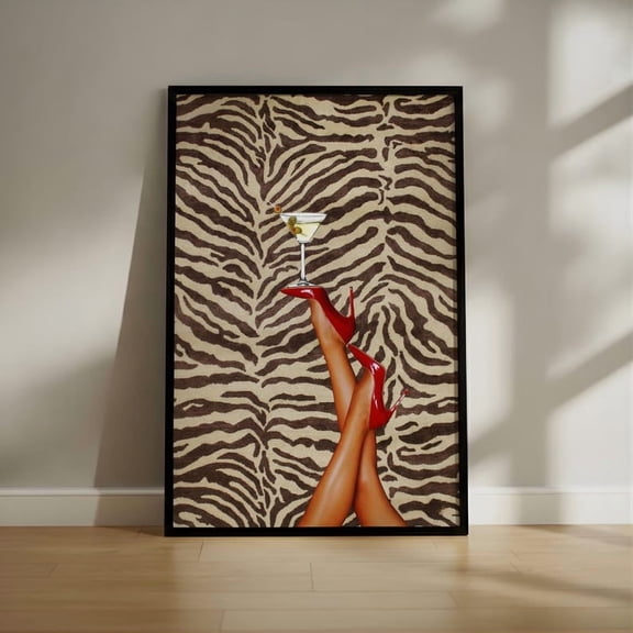 Red Heels & Martini Poster | Bold Zebra Pattern Wall Art | Retro Glam Fashion Print for Chic Interiors Unframed Poster
