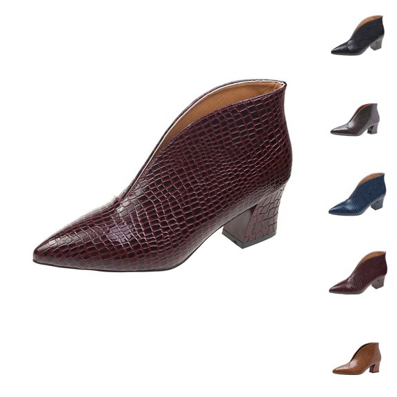 Red Heels for Women Snake Print Pointed Toe Ankle Boots - Solid Color Mid Heel On Pull On Design, Elegant Versatile Dressy Booties For Fall Winter Season Fashion