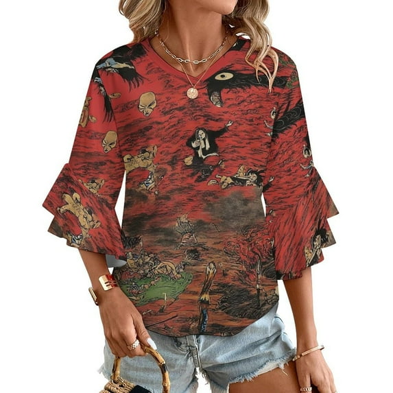 Red Hellish Fantastical Bird Chaos Women's V-Neck Blouse With 3/4 Ruffled Bell Sleeves Casual Top Ladies Blouses