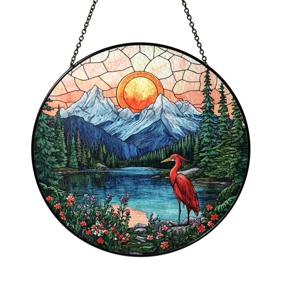 Red Heron Lake Forest Stained Glass Style Round Suncatcher – Window Art